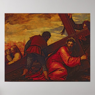 Christus die onder het gewicht van het kruis zinkt poster