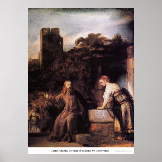 Christus en de vrouw van Samaria door Rembrandt Poster (Voorkant)