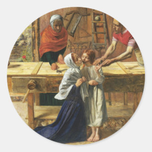 Christus in de timmerkraan van zijn vader ronde sticker
