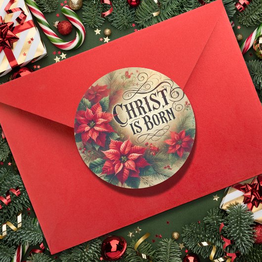 Christus is geboren als kerst poinsettia religieus ronde sticker
