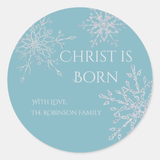 Christus is geboren Blauw Wit Sneeuwvlok Kerstcade Ronde Sticker (Voorkant)