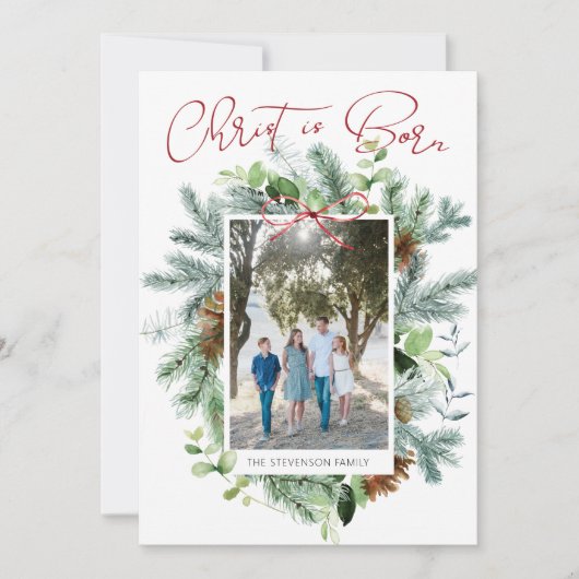Christus is Geboren Foto Waterverf Groen Feestdagenkaart (Voorkant)