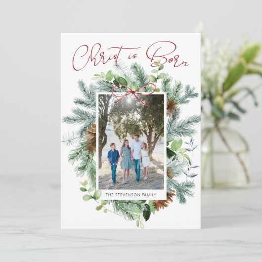 Christus is Geboren Foto Waterverf Groen Feestdagenkaart (Staand voorkant)