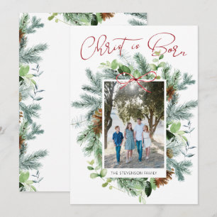 Christus is geboren Foto Winter Greenery Feestdagenkaart