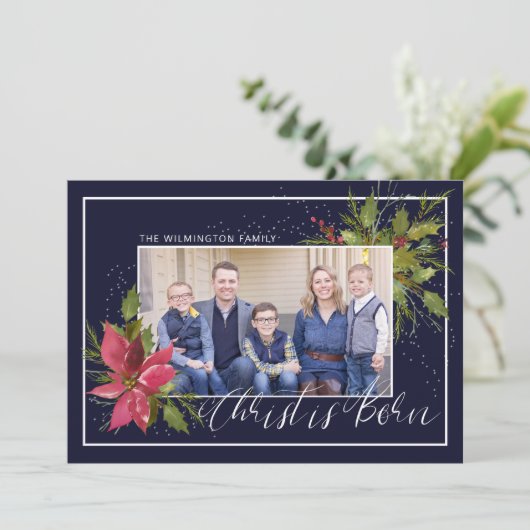 Christus is Geboren Hulst Foto Blauwe Kerst Feestdagenkaart (Staand voorkant)