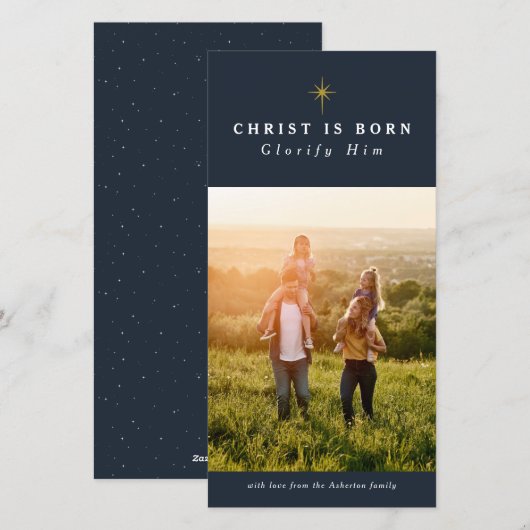 Christus is geboren kerstkaart met religieuze foto (Voorkant / Achterkant)