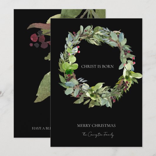 Christus is Geboren Kerstmis Groen Zwart Kerstmis Feestdagenkaart (Voorkant / Achterkant)