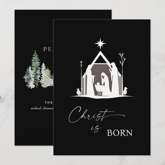 Christus is geboren met witte kerststal zwarte ker feestdagenkaart (Voorkant / Achterkant)