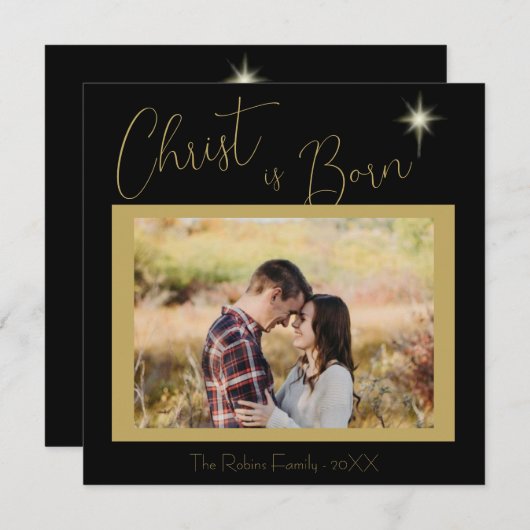 Christus is geboren Schrift Zwart Gouden Kerstster Feestdagenkaart (Voorkant / Achterkant)