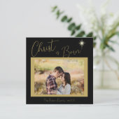 Christus is geboren Schrift Zwart Gouden Kerstster Feestdagenkaart (Staand voorkant)