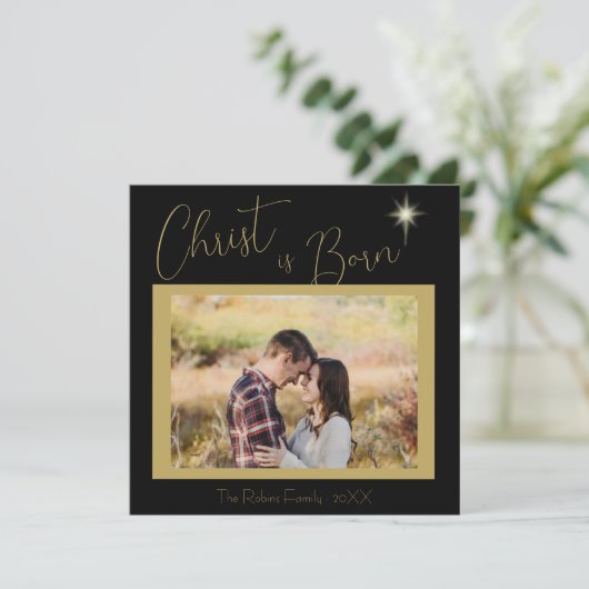 Christus is geboren Schrift Zwart Gouden Kerstster Feestdagenkaart (Staand voorkant)