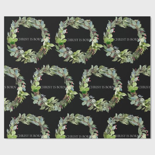Christus is Geboren Zwarte Kerstkrans Cadeaupapier (Vlak)