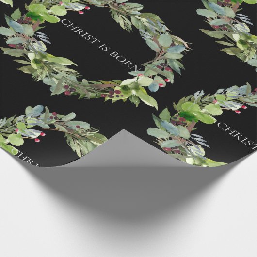 Christus is Geboren Zwarte Kerstkrans Cadeaupapier (Hoek)