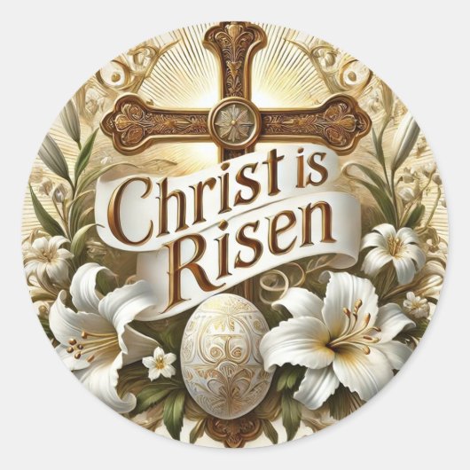 CHRISTUS IS OPGESTAAN PAASBLOEMEN RONDE STICKER (Voorkant)
