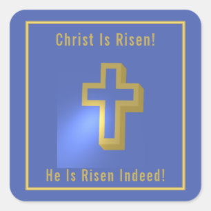 Christus is Risen Blauw Goud Religieus Kruis Pasen Vierkante Sticker