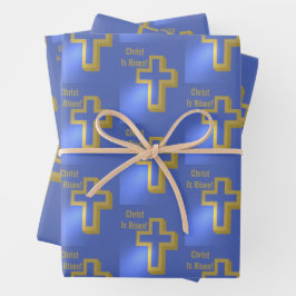 Christus is Risen Patroon Gouden Kruis Blauw Vakan Inpakpapier Vel