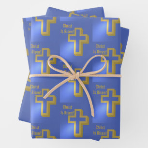 Christus is Risen Patroon Gouden Kruis Blauw Vakan Inpakpapier Vel