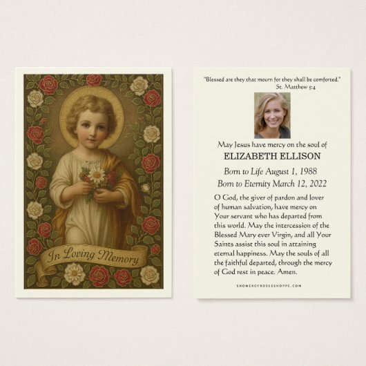 Christus Kind Begrafenis Gebed Bloemenmonument Visitekaartje (Voorkant /achterkant)