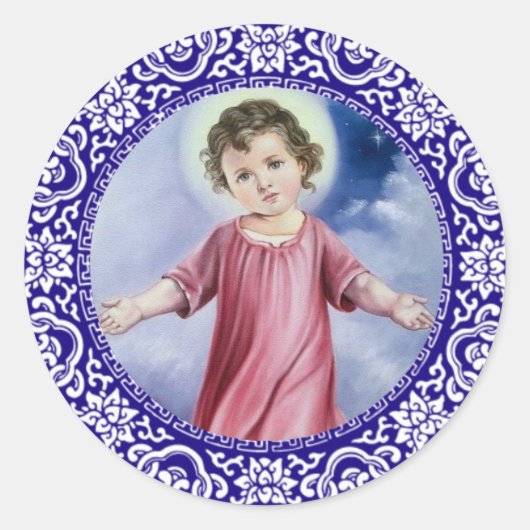 Christus Kind Jezus Wolkt Blauwe Rand Ronde Sticker (Voorkant)