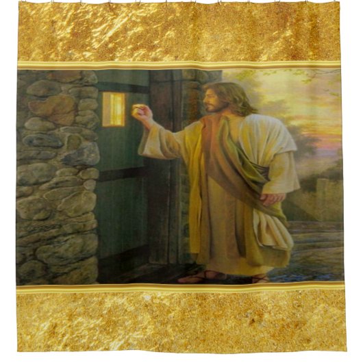 Christus kloppen op een verweerde houten deur goud douchegordijn (Voorkant)