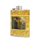 Christus kloppen op een verweerde houten deur goud heupfles (Links)