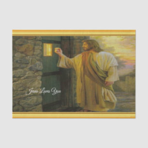 Christus kloppen op een verweerde houten deur goud tissuepapier