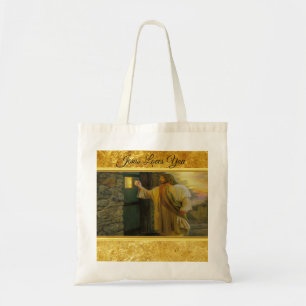 Christus kloppen op een verweerde houten deur goud tote bag