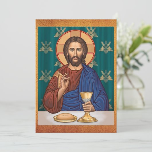 Christus met kelk, perkamenten achtergrond save the date (Staand voorkant)