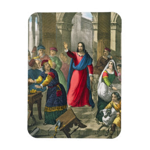 Christus ontruimt de tempel, van een bijbel bedruk magneet