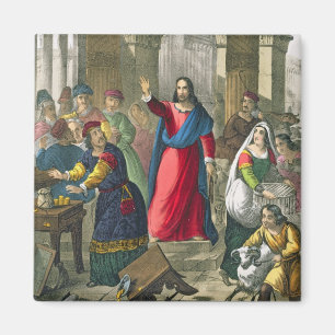Christus ontruimt de tempel, van een bijbel bedruk magneet