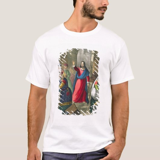 Christus ontruimt de tempel, van een bijbel bedruk t-shirt (Voorkant)