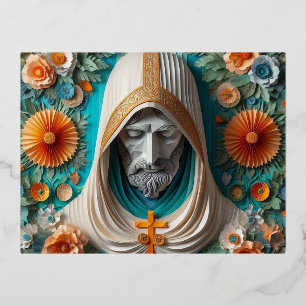 Christus Onze Heer papercraft look blauw en oranj Folie Feestdagen Briefkaart