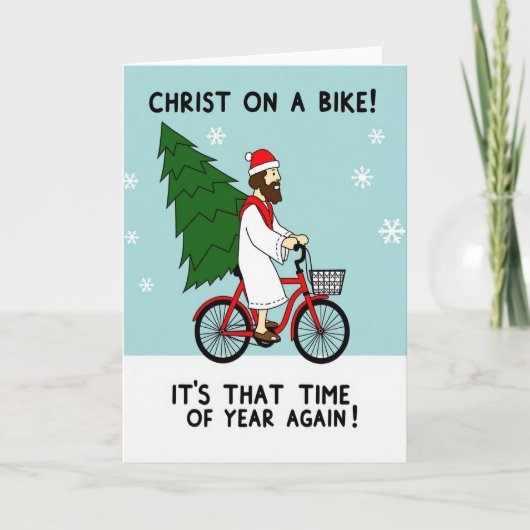 Christus Op Een Fiets Grappig Kerstfeest Kaart (Voorkant)