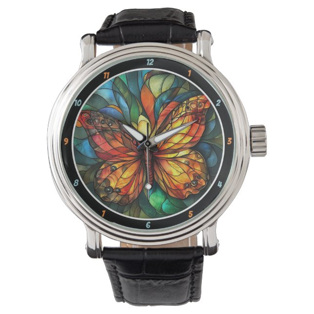 Chromatic Flight" - Stained Glass Butterfly Horloge (Voorkant)