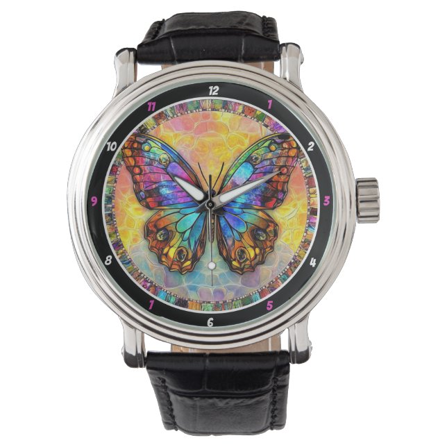 Chromatic Flutter" - Mosaic Butterfly Horloge (Voorkant)