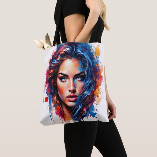 Chromatische muze – Neon Splash Portret Tote Bag (Dichtbij)