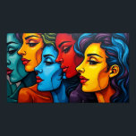 Chromatische Schoonheden - Levendige Pop Art Vrouw Poster<br><div class="desc">Hypnotiserend hedendaags pop-artmeesterwerk met vier adembenemende vrouwenportretten in felle, chromatische kleuren die de essentie van modern vrouwzijn vangen. Dit originele abstracte kunstwerk toont een boeiende mix van warme en koele tinten - van diep turquoise en oceaanblauw tot levendig oranje, goudgeel en rijk rood. Elk portret vloeit soepel over in het...</div>