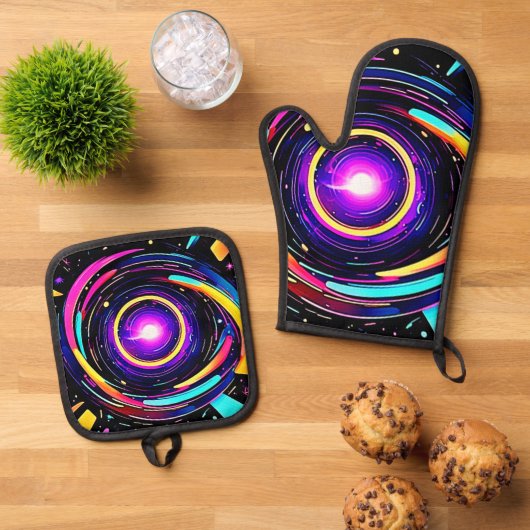 Chromatische vortexkunst ovenwant & pannenlap set (Top down)