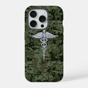 Chrome-achtig Caduceus-symbool op groene camouflag iPhone 15 Pro Case