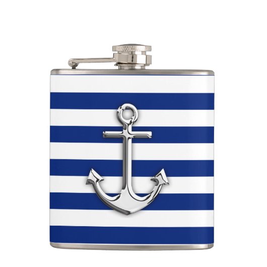 Chrome-achtige anker op het Navy Blue Stripes-deco Heupfles (Voorkant)