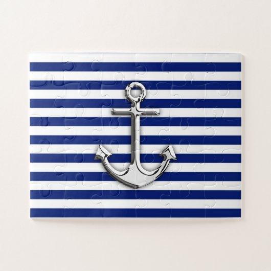 Chrome-achtige anker op het Navy Blue Stripes-deco Legpuzzel (Horizontaal)