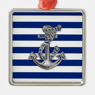 Chrome-achtige-hellingsanker op Nautical Stripes Metalen Ornament