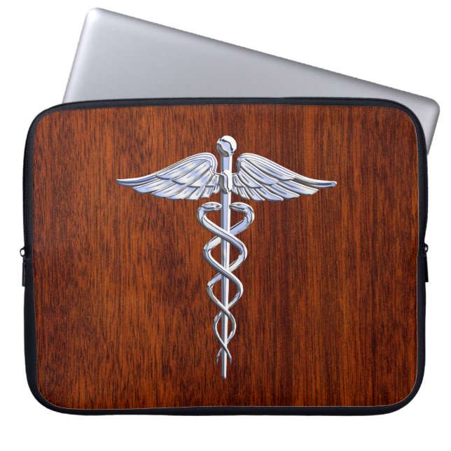 Chrome als Caduceus Medical Symbol Mahogany Print Laptop Sleeve (Voorkant)