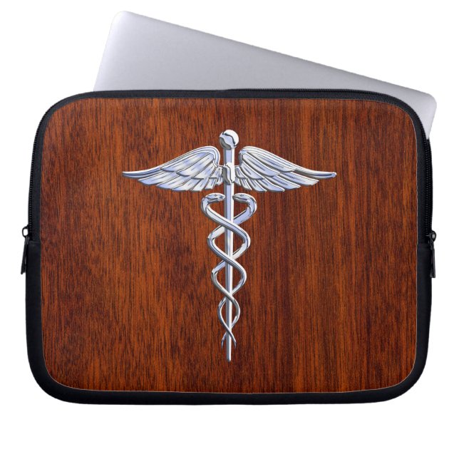 Chrome als Caduceus Medical Symbol Mahogany Print Laptop Sleeve (Voorkant)