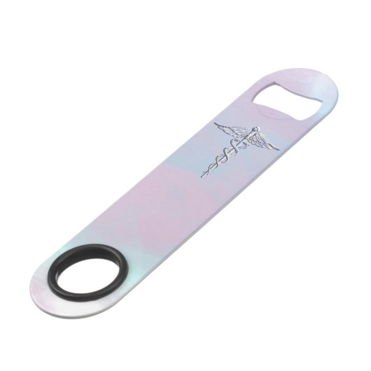 Chrome als Caduceus Medical Symbol Moeder Pearl Speed Flessenopener (Voorkant Gekanteld)