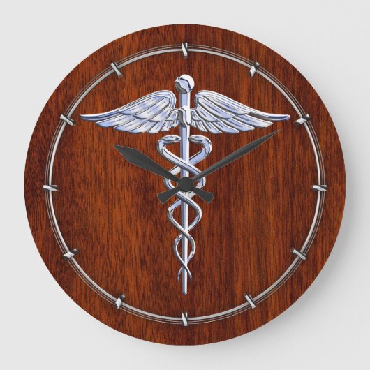 Chrome als Caduceus Medical Symbool Mahogany Decor Grote Klok (Voorkant)