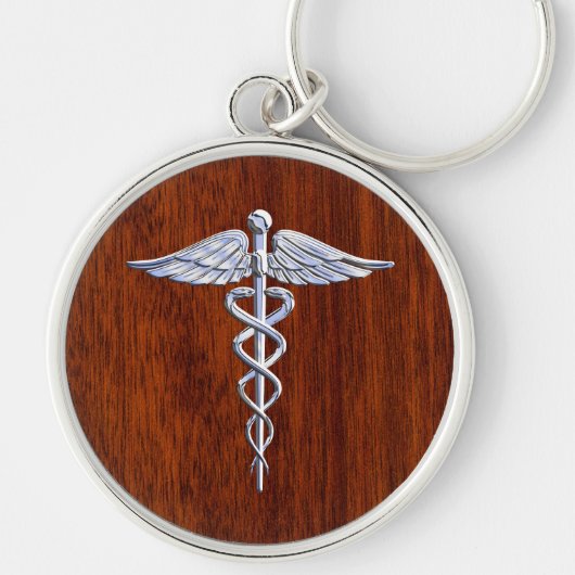 Chrome als Caduceus Medical Symbool Mahogany Decor Sleutelhanger (Voorkant)
