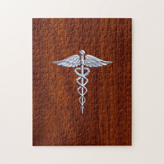 Chrome als Caduceus Medical Symbool Mahogany Style Legpuzzel (Verticaal)