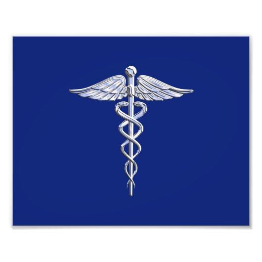 Chrome als Caduceus medisch symbool Navy Blue Deco Foto Afdruk (Voorkant)