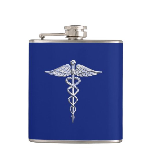 Chrome als Caduceus medisch symbool Navy Blue Deco Heupfles (Voorkant)